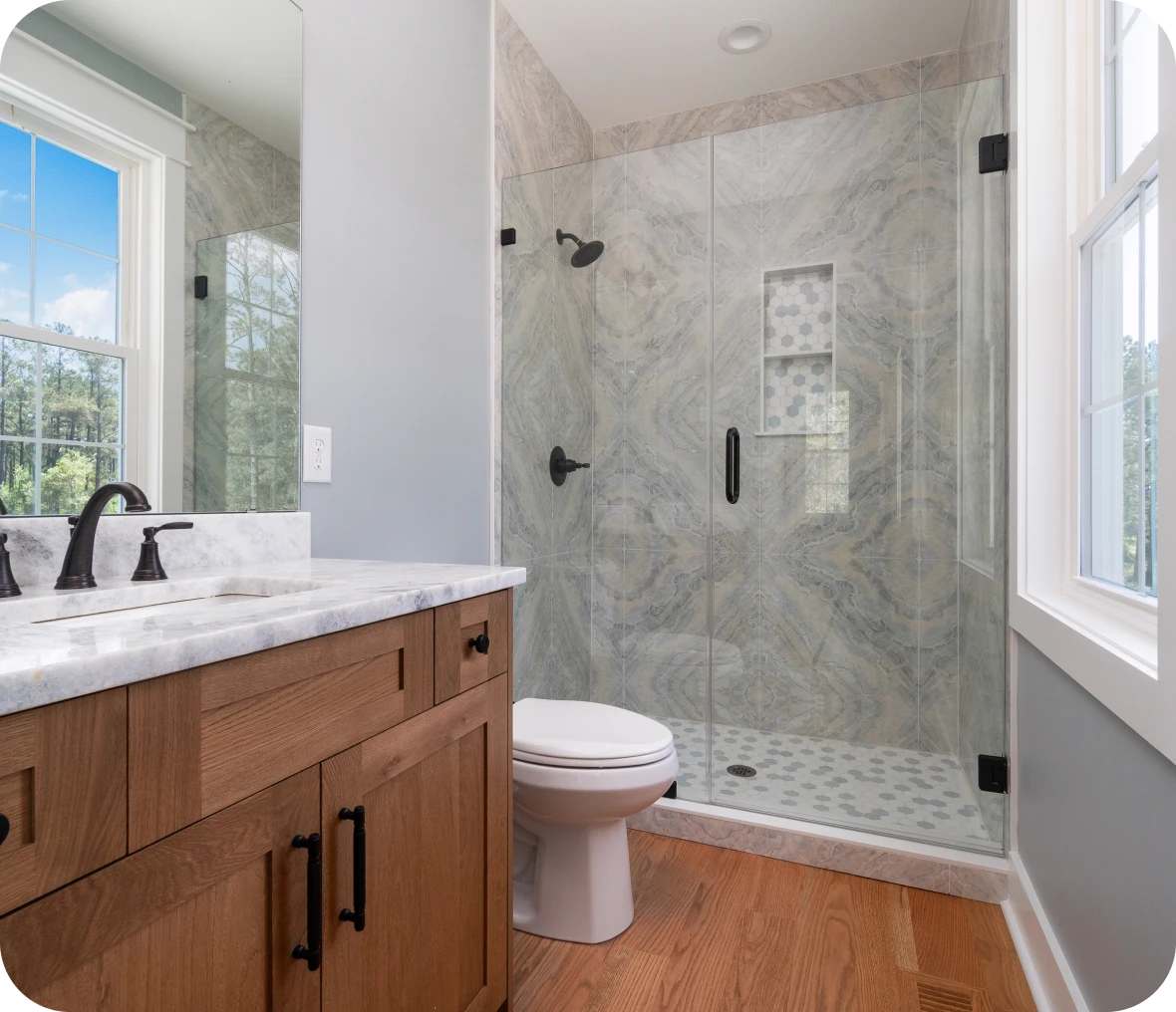 Elegant bathroom with wooden vanity