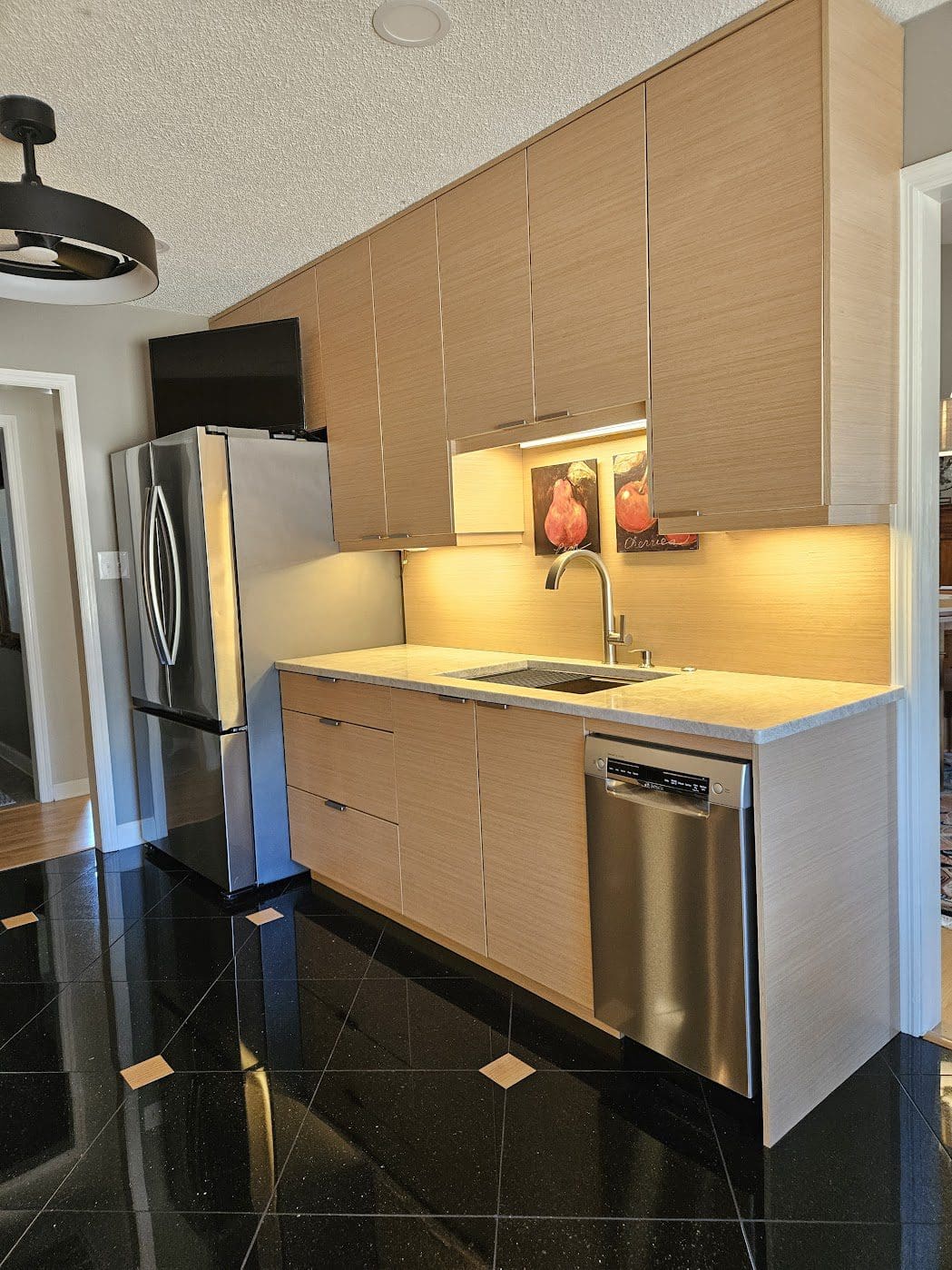 Compact kitchen with glossy black floor