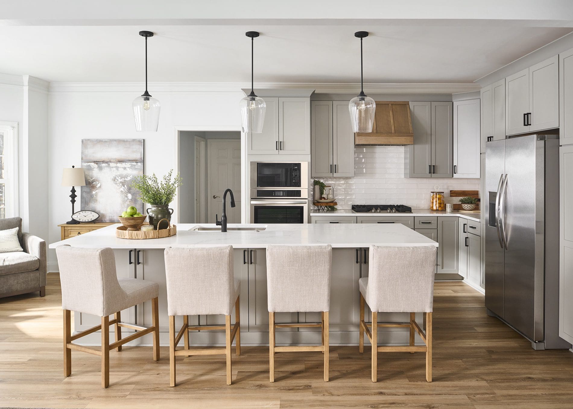 Bright kitchen with pendant lighting