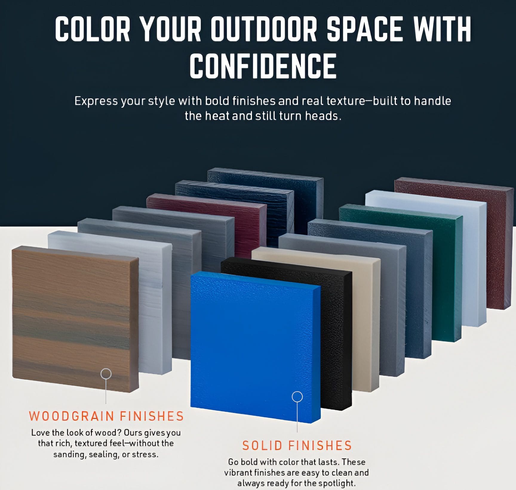 Woodgrain and solid finishes selection
